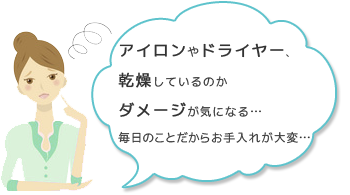 ヘアケアの悩み2：アイロンやドライヤー、乾燥しているのかダメージが気になる…毎日のことだからお手入れも大変…