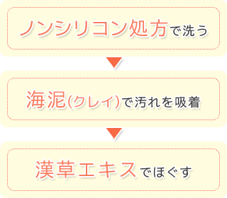 ノンシリコン処方で洗う→海泥(クレイ)で汚れを吸着除去→漢草エキスでほぐす